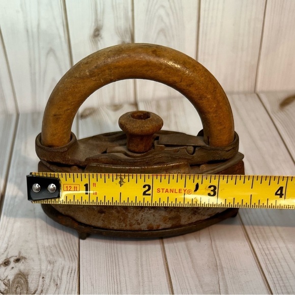 Antique Vintage Clothing Iron w/ Stand Cast Iron Wood Rare Mini - Picture 7 of 7